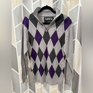 Carbon Men's Zip-Up Argyle Sweater - Gray and Purple